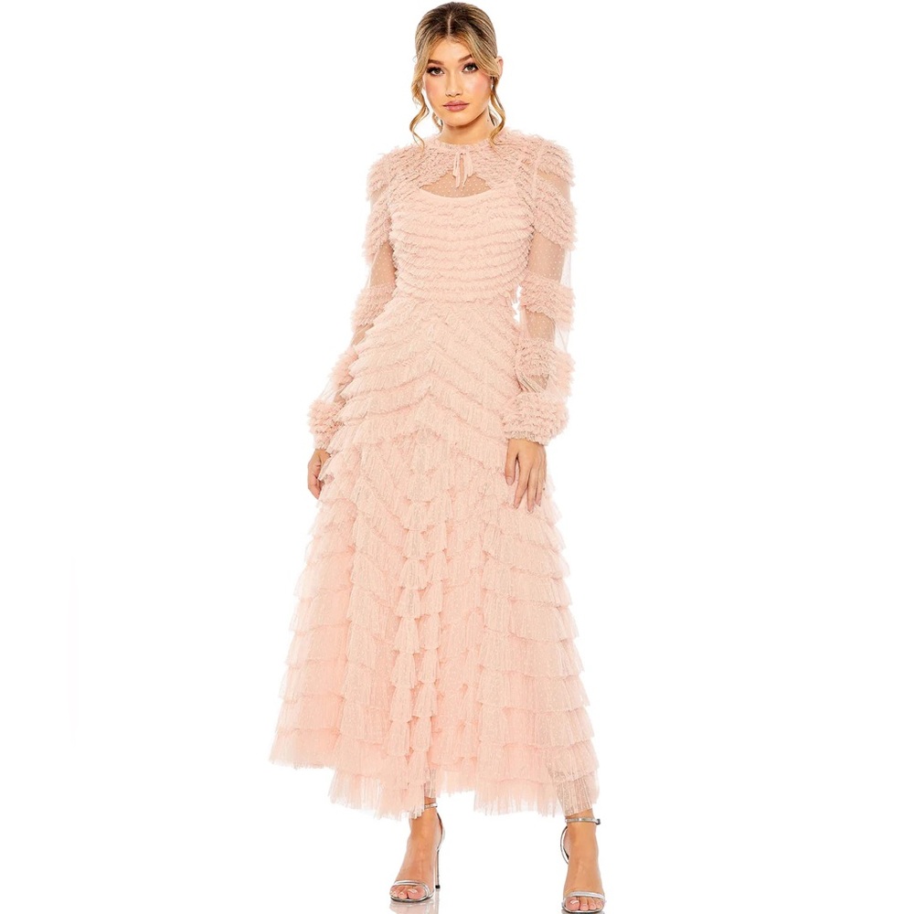 Mac Duggal - HIGH NECK PUFF LONG SLEEVE RUFFLE TIERED GOWN